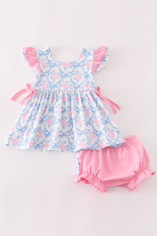 Pink bow print ruffle baby bloomers set