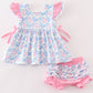 Pink bow print ruffle baby bloomers set