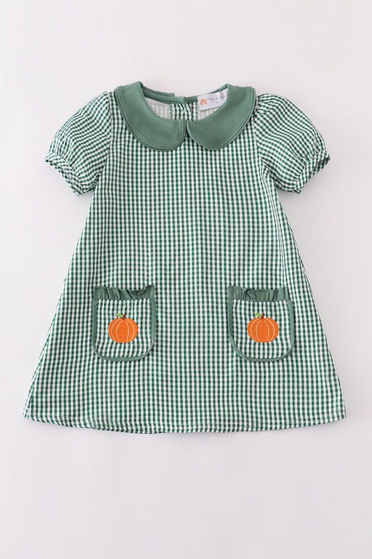 Green gingham pumpkin embroidery dress