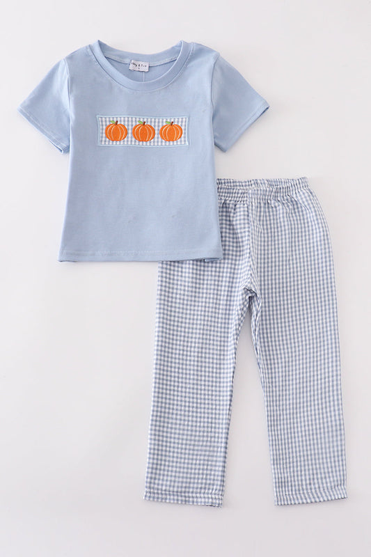 Blue gingham pumpkin embroidery boy set