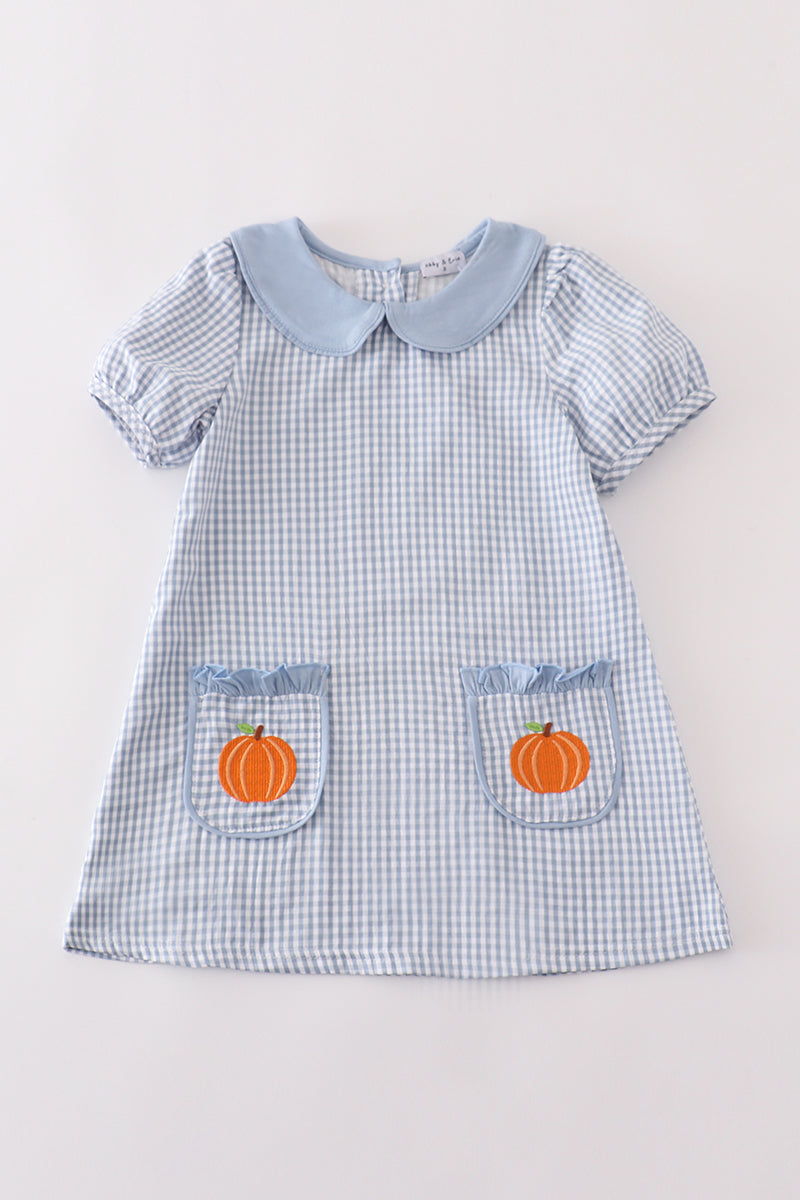 Blue gingham pumpkin embroidery girl dress