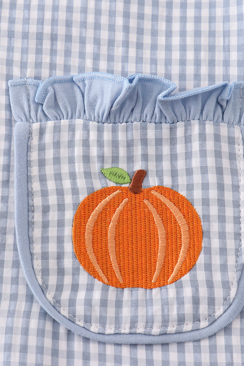 Blue gingham pumpkin embroidery girl dress