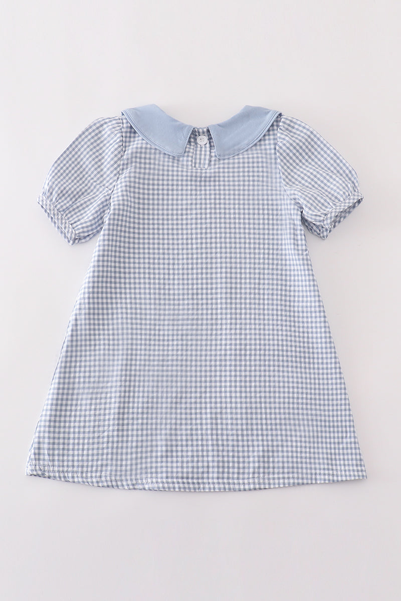 Blue gingham pumpkin embroidery girl dress