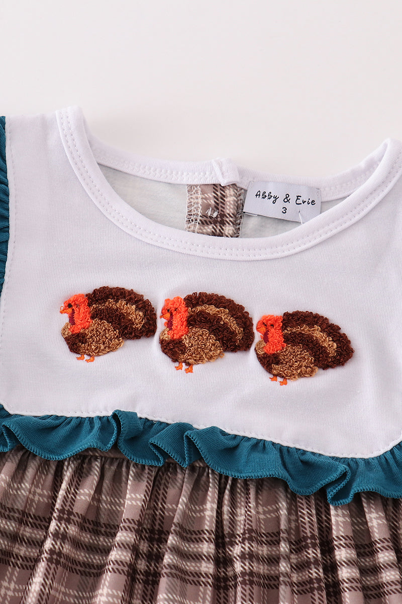 Brown plaid turkey french knot girl dress