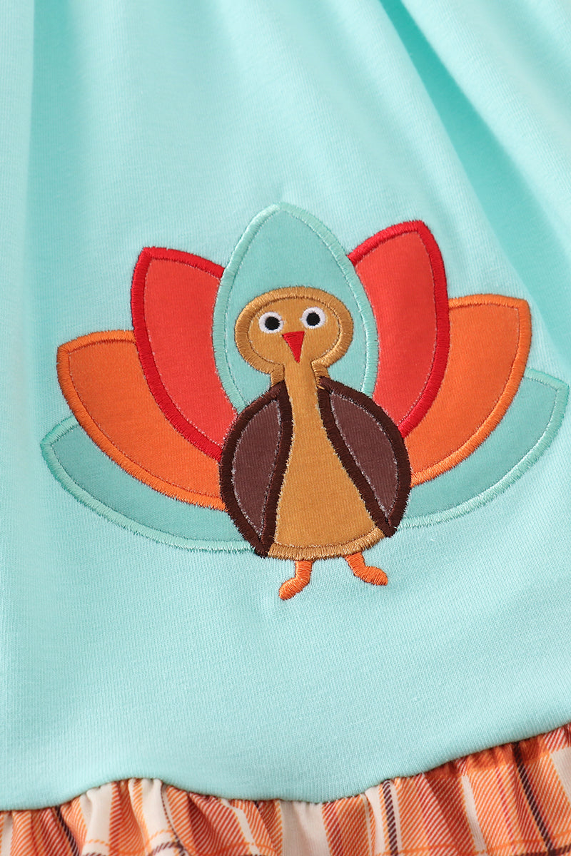 Green turkey applique girl dress