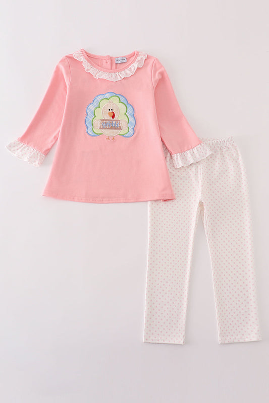 Pink turkey applique girl set