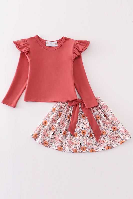 Floral print ruffle girl skirt set