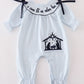 Navy nativity embroidery gingham girl romper