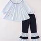 Navy nativity embroidery gingham girl set