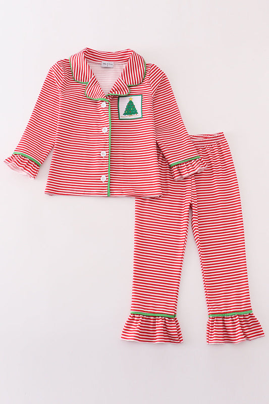 Red stripe christmas tree ruffle girl pajamas set