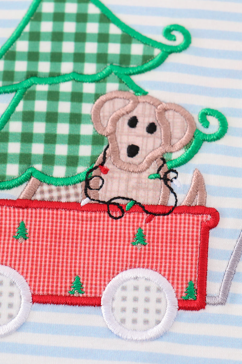 Green stripe christmas puppy applique boy bubble