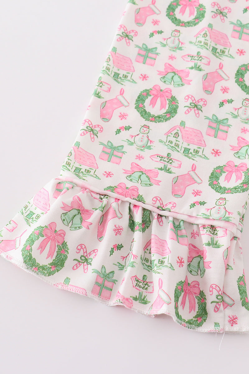 Pink watercolor christmas print girl pajamas set