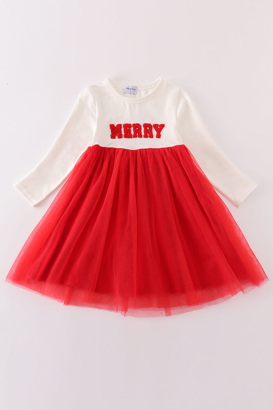 Red merry christmas french knot girl dress