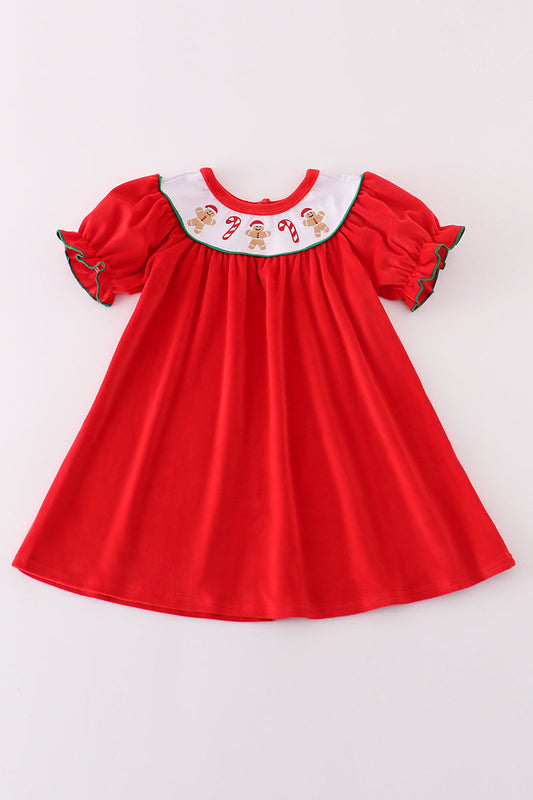 Red velvet christmas gingerbread embroidery girl bishop dress