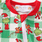 Green grinch print plaid zip boy romper