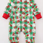 Green grinch print plaid zip boy romper