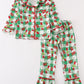 Green grinch print plaid ruffle girl pajamas set