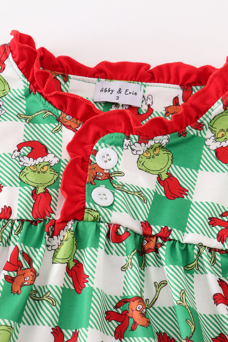 Green grinch print plaid ruffle girl gown