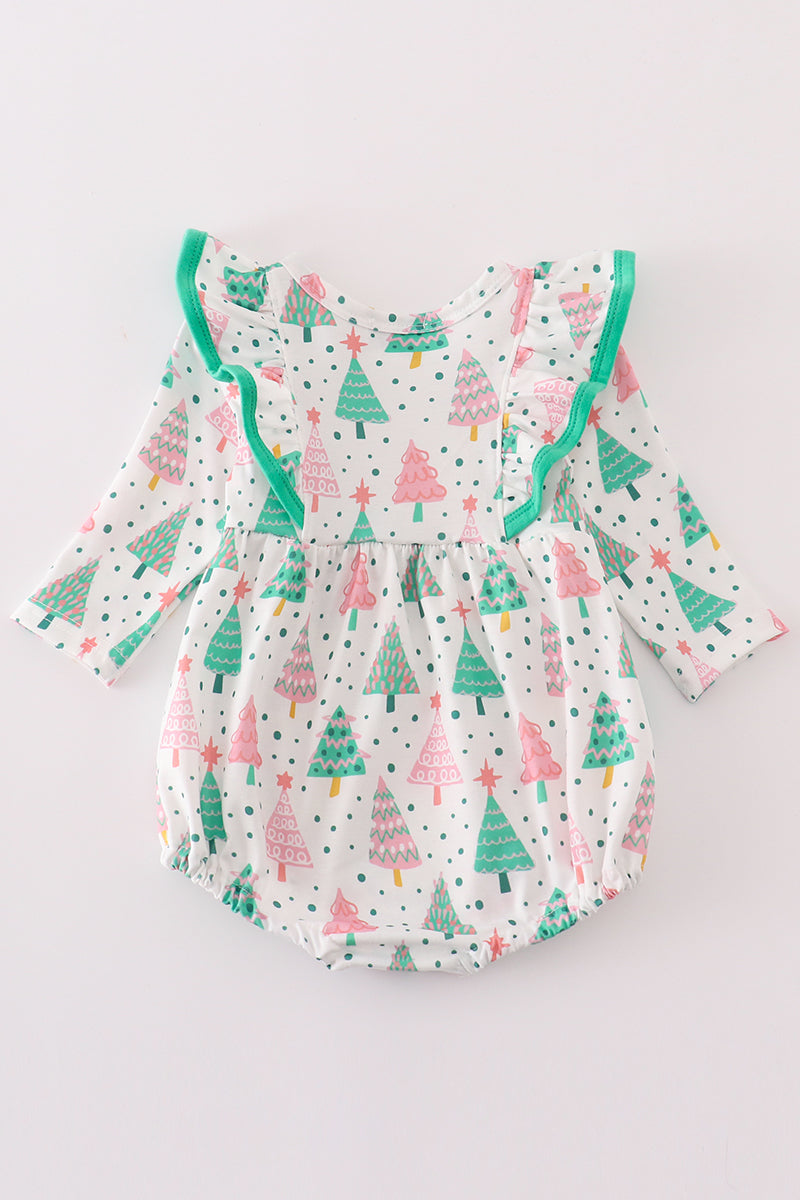 Green christmas tree print ruffle bubble