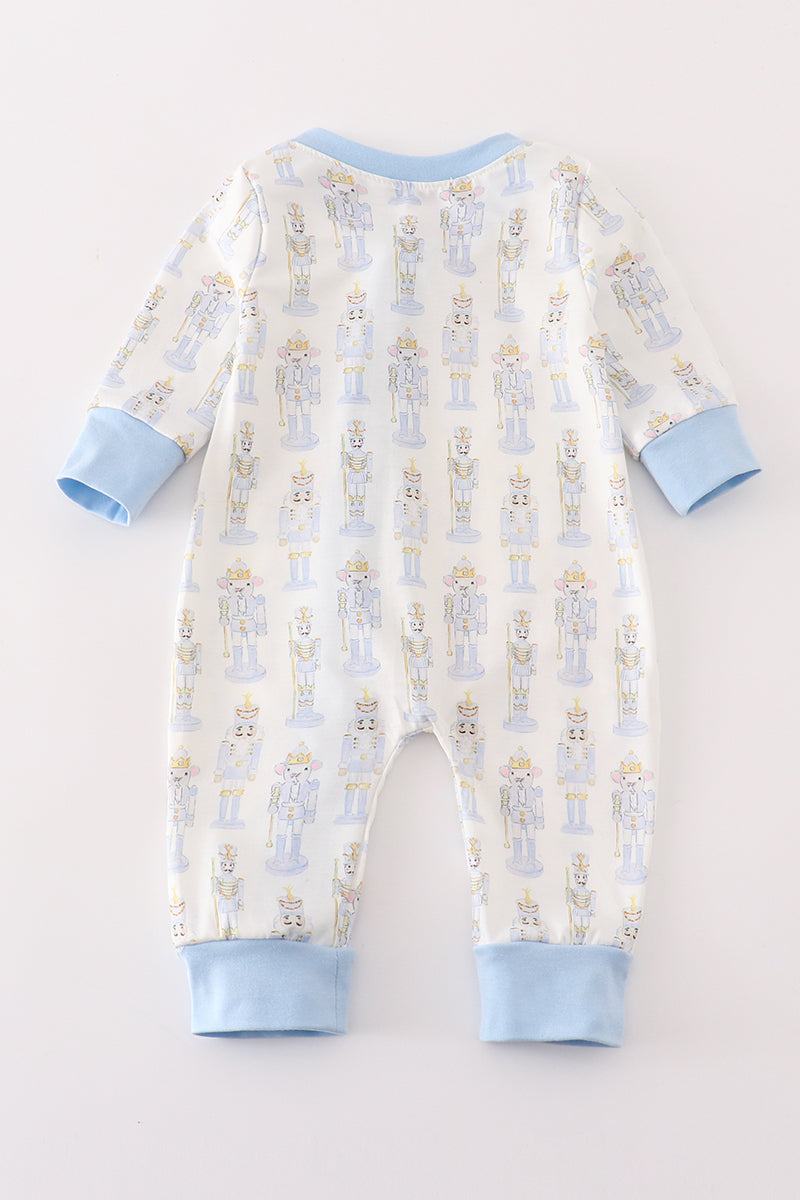 Blue nutcracker print zip boy romper