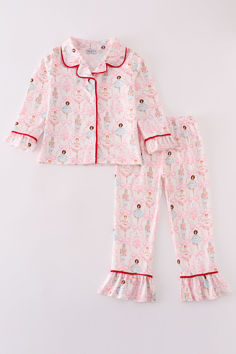 Red nutcracker print ruffle girl pajamas set