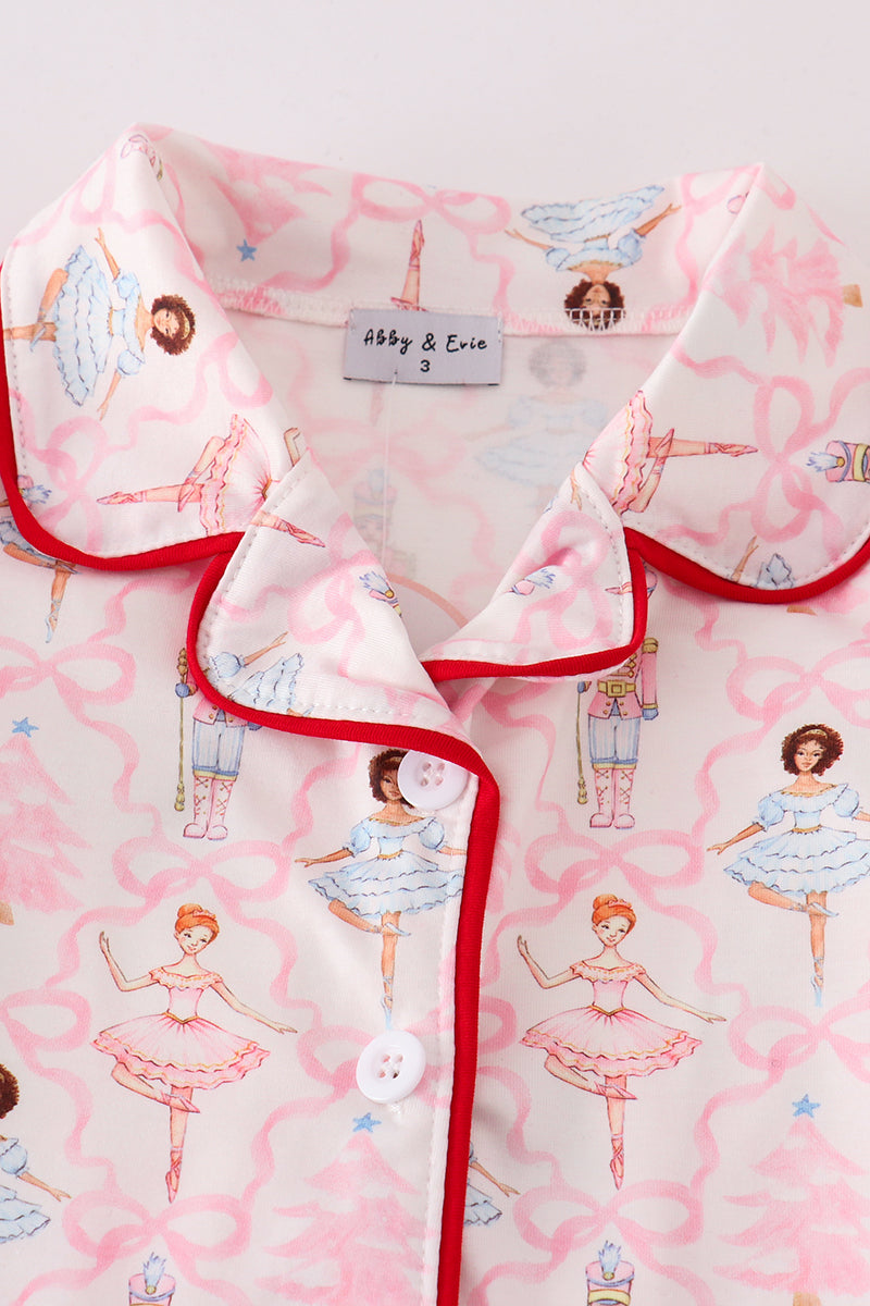 Red nutcracker print ruffle girl pajamas set