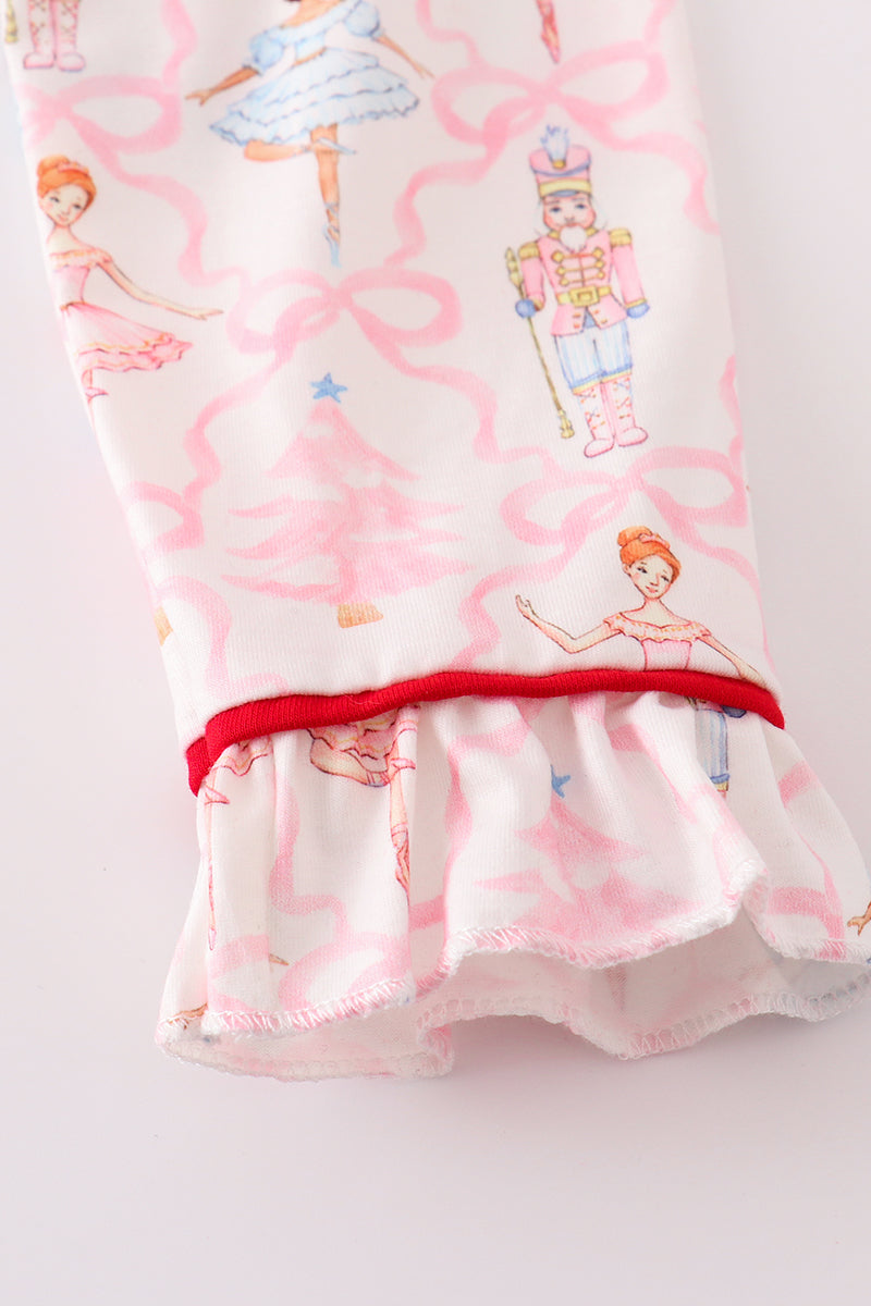 Red nutcracker print ruffle girl pajamas set