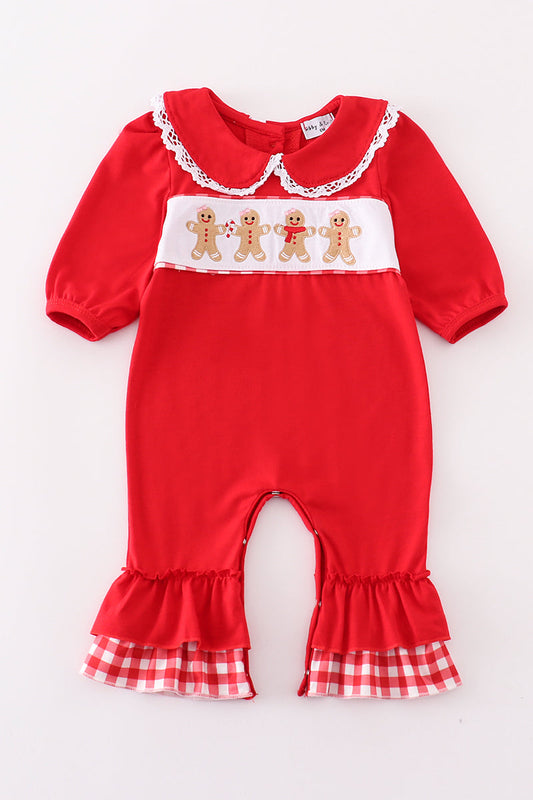 Red christmas gingerbread embroidery girl romper