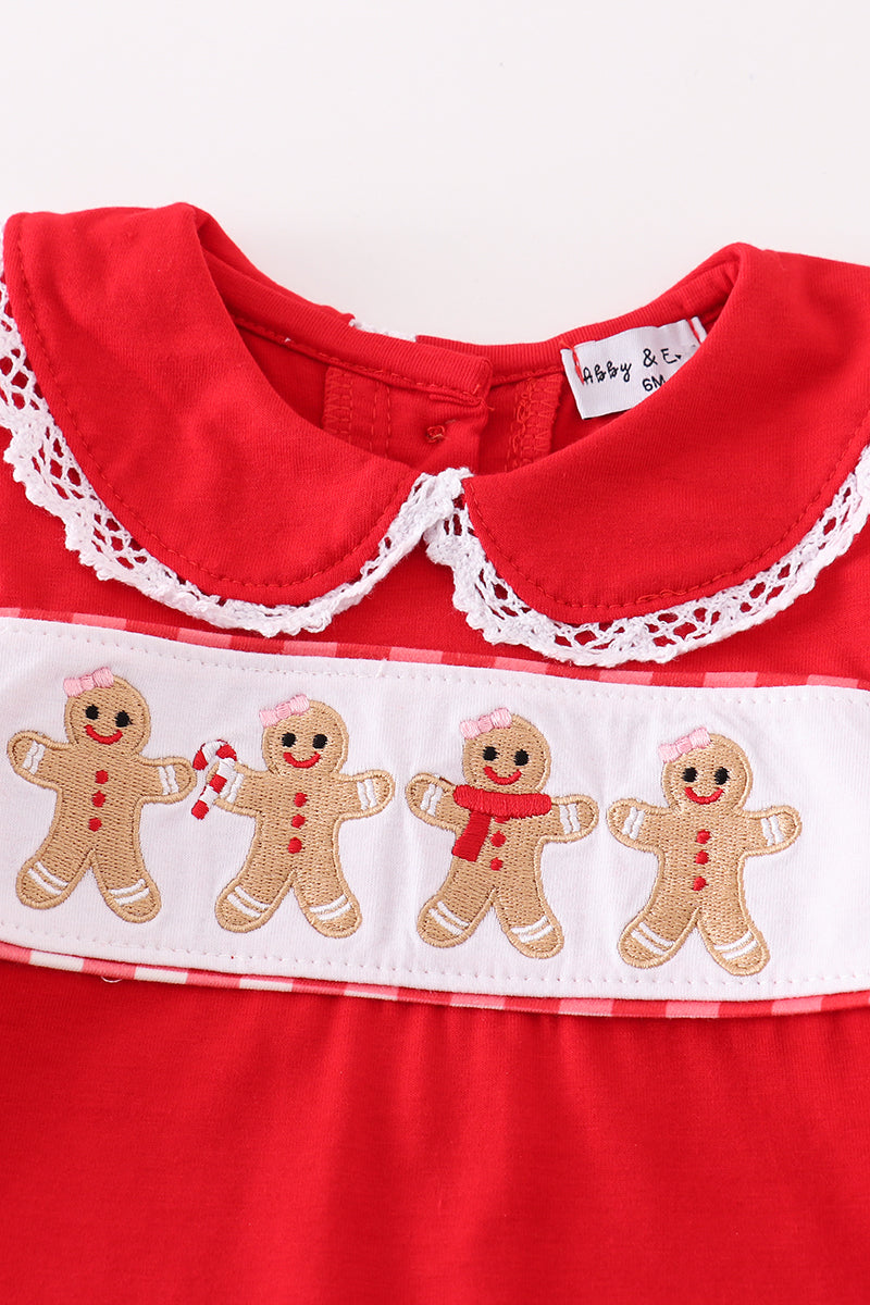 Red christmas gingerbread embroidery girl romper