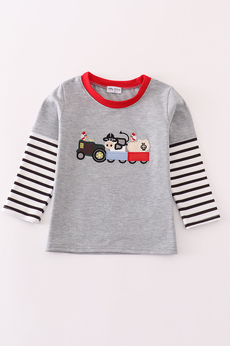 Grey farm applique boy top