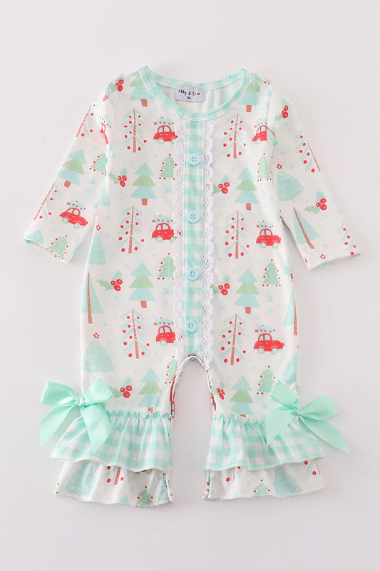 Christmas tree car print girl romper