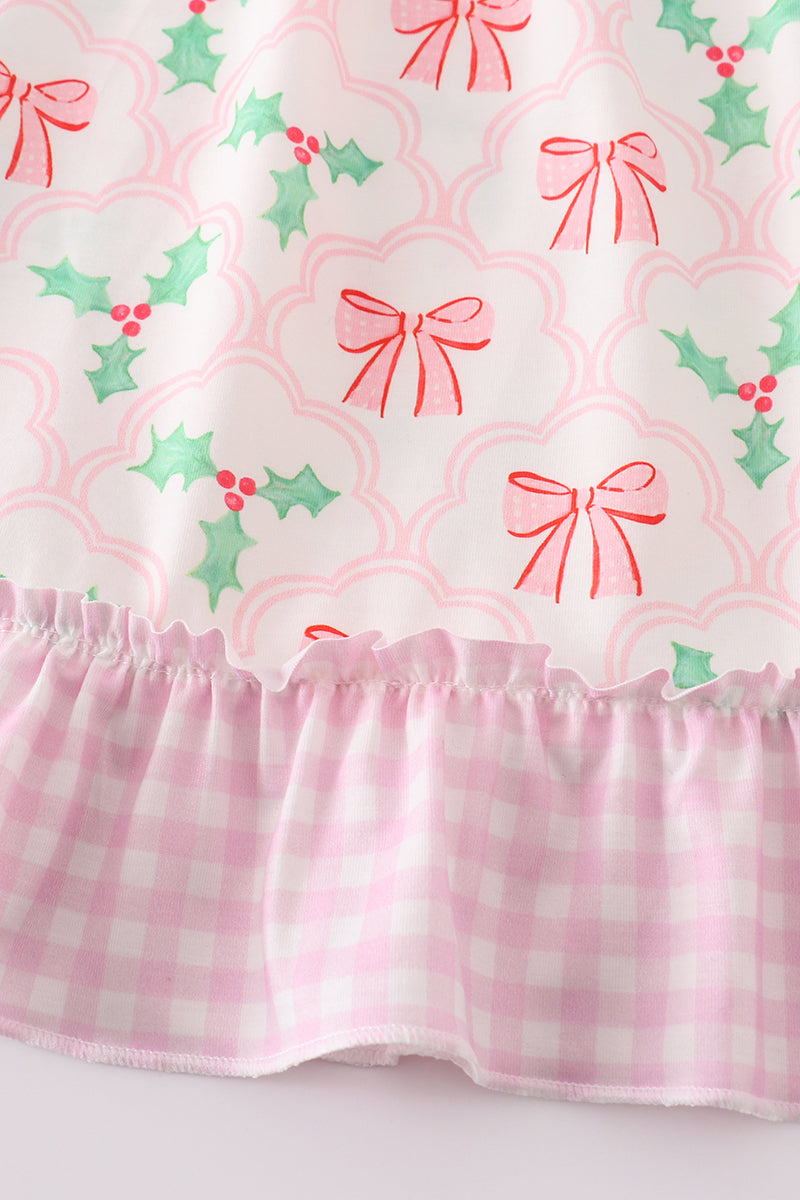 Pink christmas holly bow print girl gown