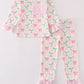 Pink christmas holly bow print girl pajamas set