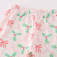 Pink christmas holly bow print girl pajamas set