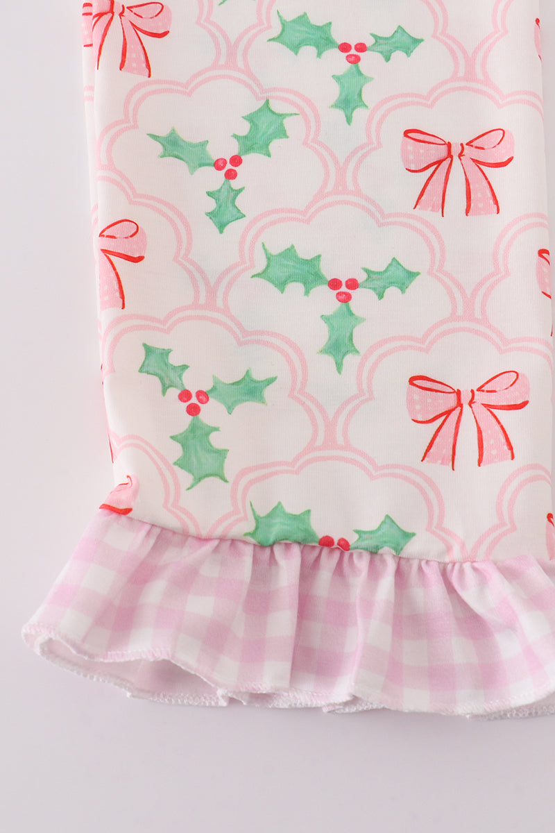 Pink christmas holly bow print girl pajamas set