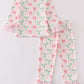 Pink christmas holly bow print girl pajamas set