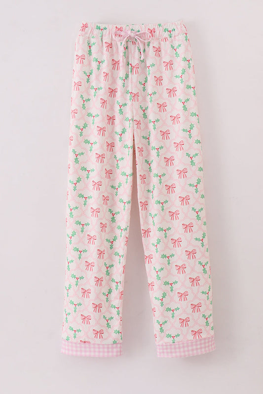 Pink christmas holly print women pajamas pants