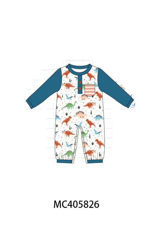 Navy dinosaur print boy romper