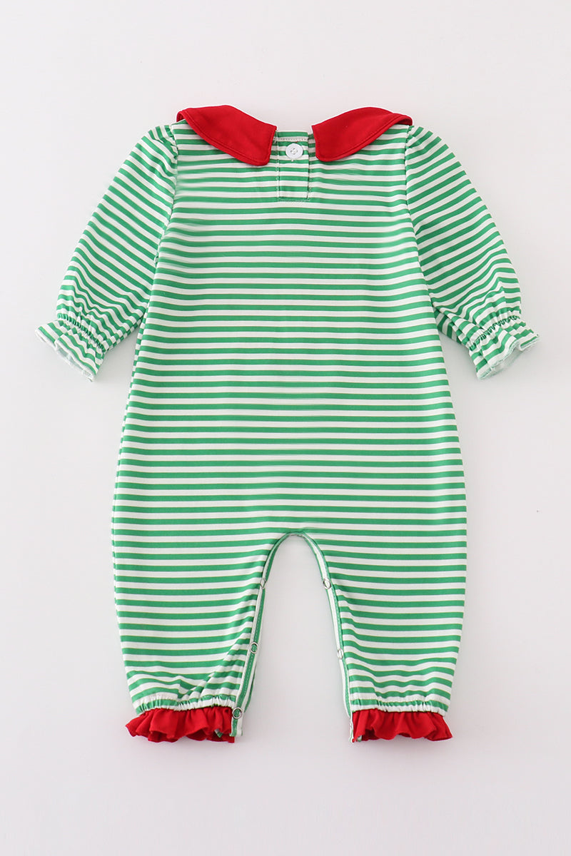 Green stripe christmas deer applique girl romper