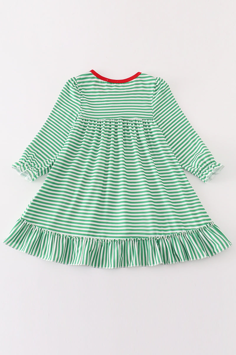 Green stripe christmas deer applique girl dress