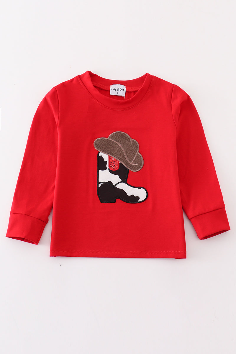 Red boots applique boy top