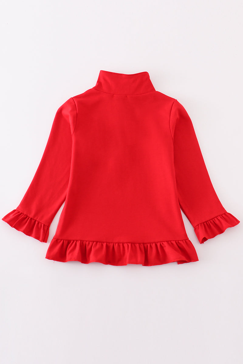 Red character embroidery girl zipper pullover