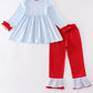 Blue stripe valentine puppy heart embroidery girl set