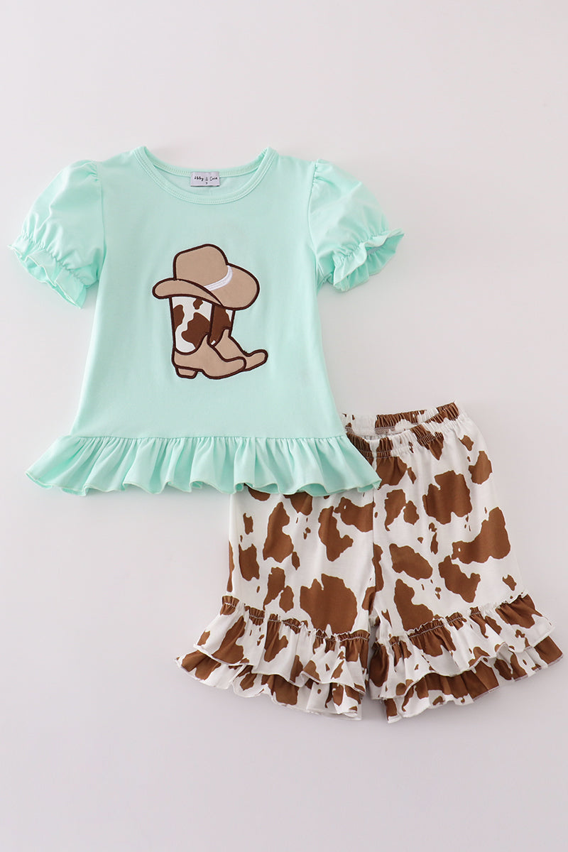 Green boots applique leopard girl set