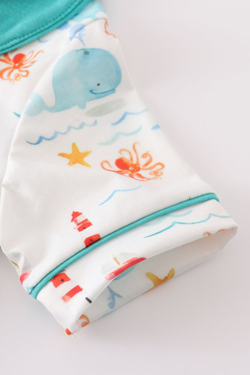 Whale lighthouse print boy set