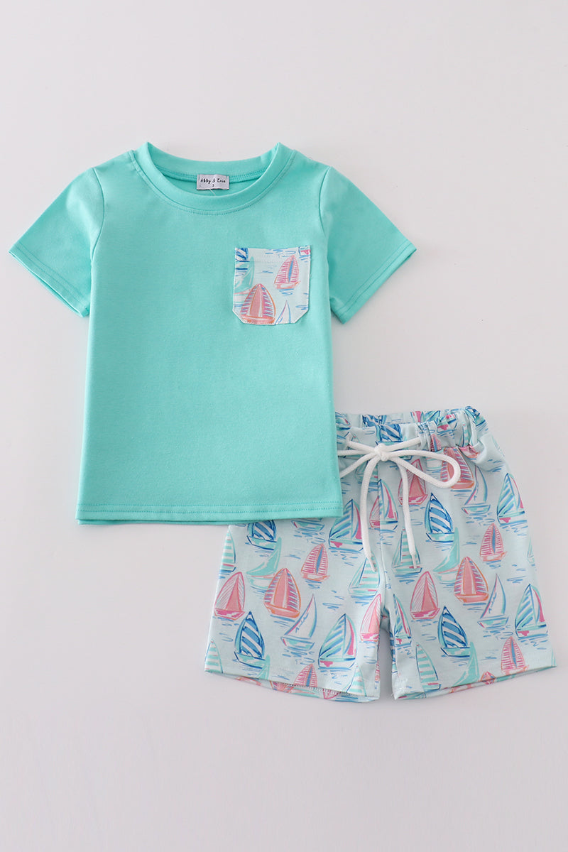 Green sailboat print boy set