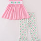 Pink green bow clover embroidery girl set