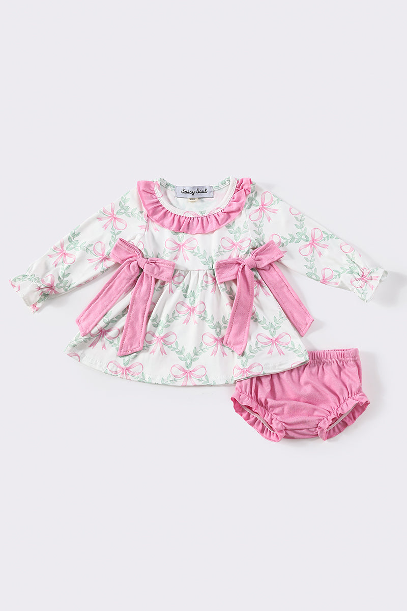 Pink bow floral print baby girl set