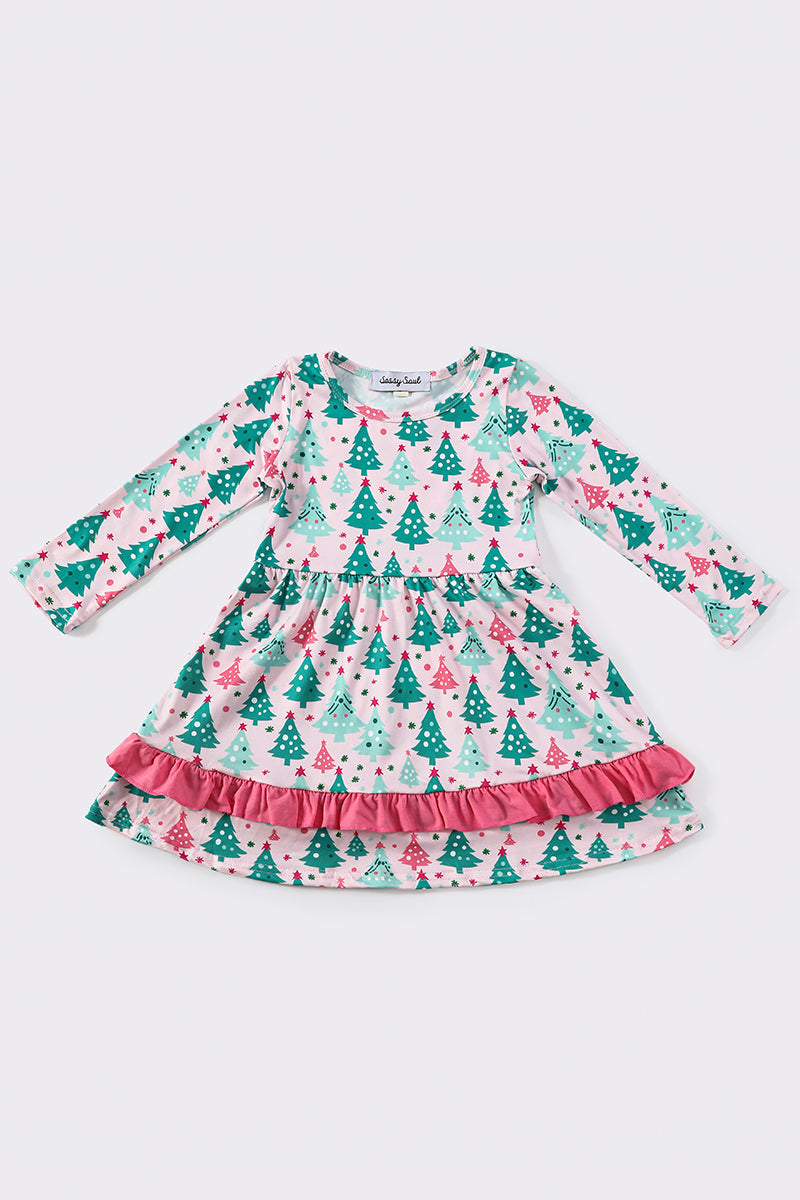 Christmas tree print girl ruffle dress