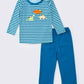 Blue stripe dinosaur applique boy set